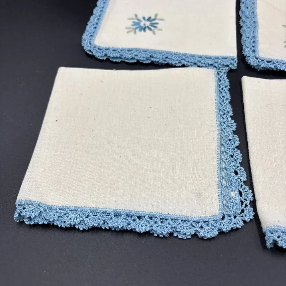 6 Linen Lace Bordered Blue Napkins‎ Vintage  10x10 Cream Linen